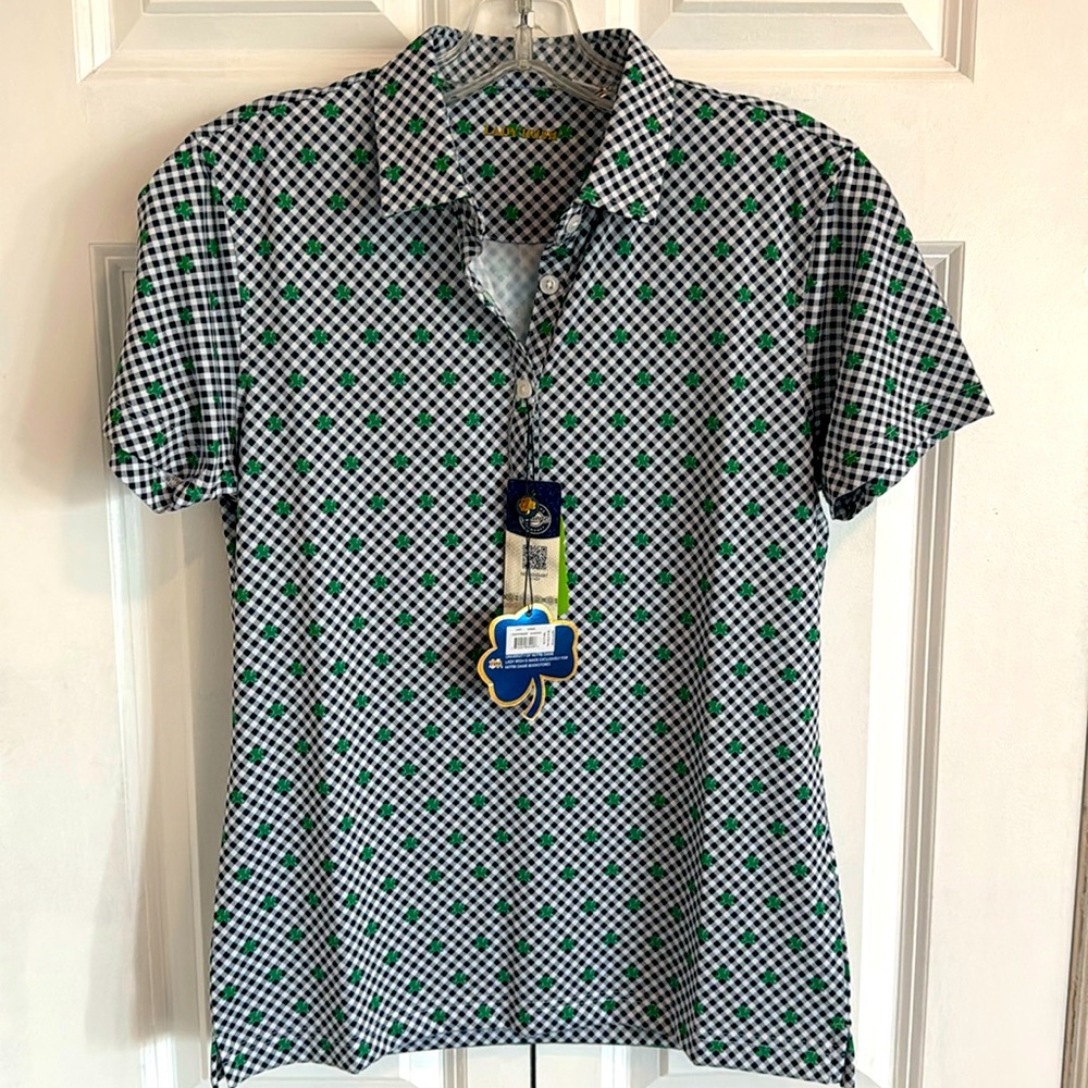 NWT NOTRE DAME Fighting Irish Short Sleeve Blue/White Gingham Button Down Top